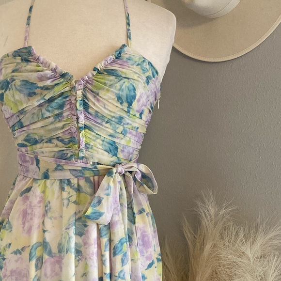 ❤️ Lulus Effortlessly Abloom Green Multi Floral Ruched Halter Midi Dress - Picture 5 of 16